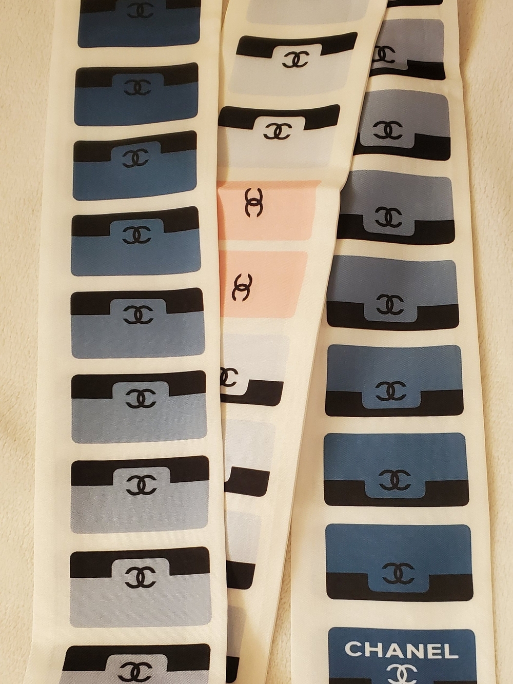 100% Silk Skinny Bag Twilly, Blue, Black and Pink Wallet Motif